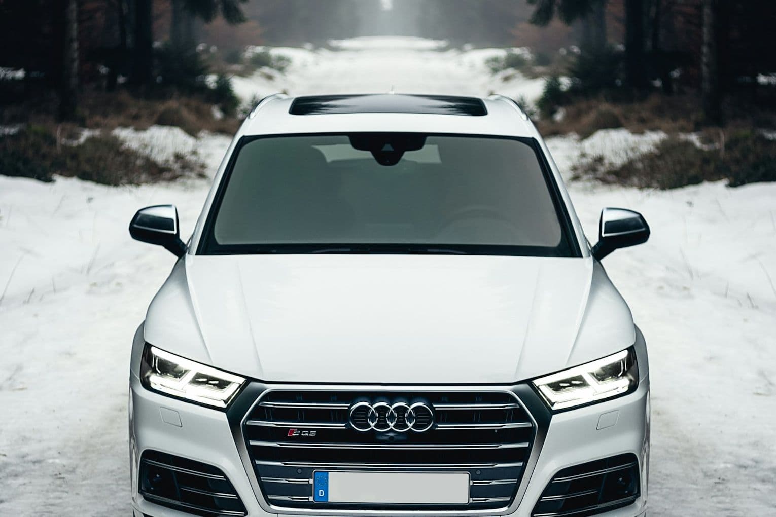 Front view of the white Audi SQ5 on snow