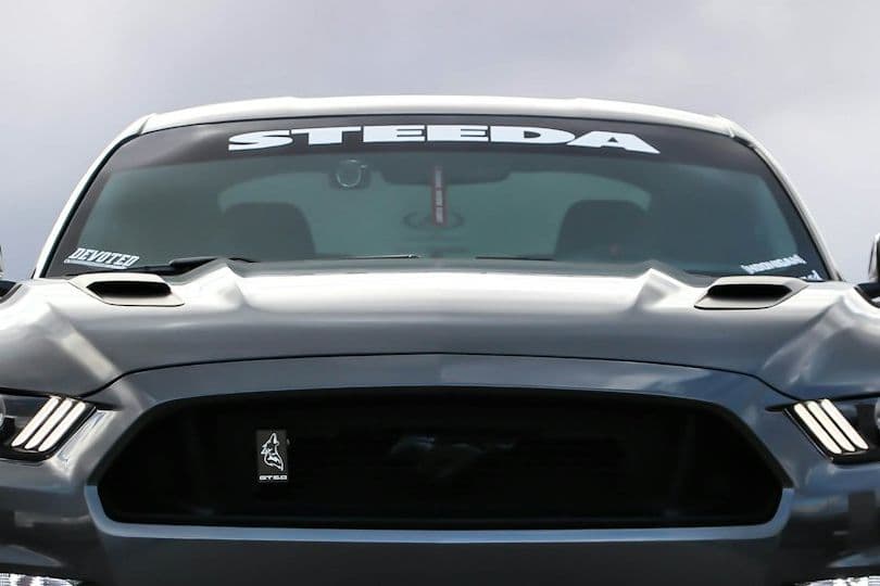 Close front view of the grey Ford Mustang GT bonnet and windscreen