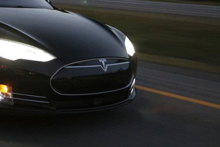 Detail of the Tesla Model S nose and LED headlight